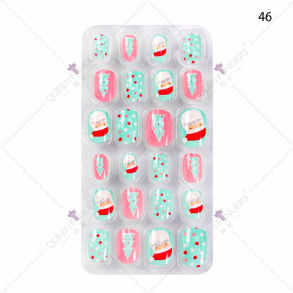 Manicure children's finished nail pieces 24 pieces of adhesive Christmas cartoon bagged wearable color nail pieces nail stickers