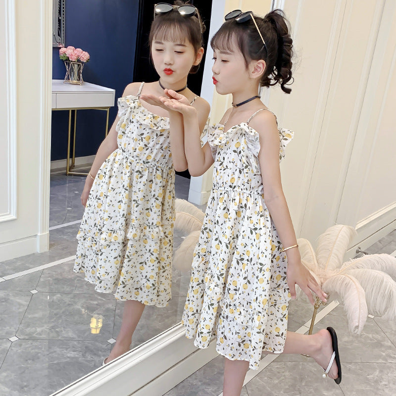 Girls suspender long skirt 2024 new summer clothes for middle and large children floral chiffon dress fashionable skirt trendy spring