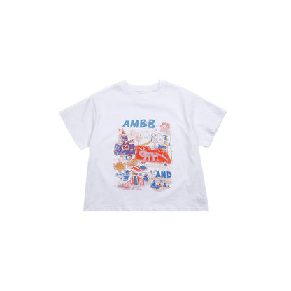 Amo Beibei children's 2024 summer cartoon graffiti short-sleeved T-shirt for boys and girls fashionable loose slit comfortable top