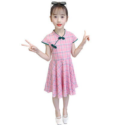 Girls short-sleeved cheongsam dress 2024 summer new Chinese style retro style dress Western style cotton plaid skirt