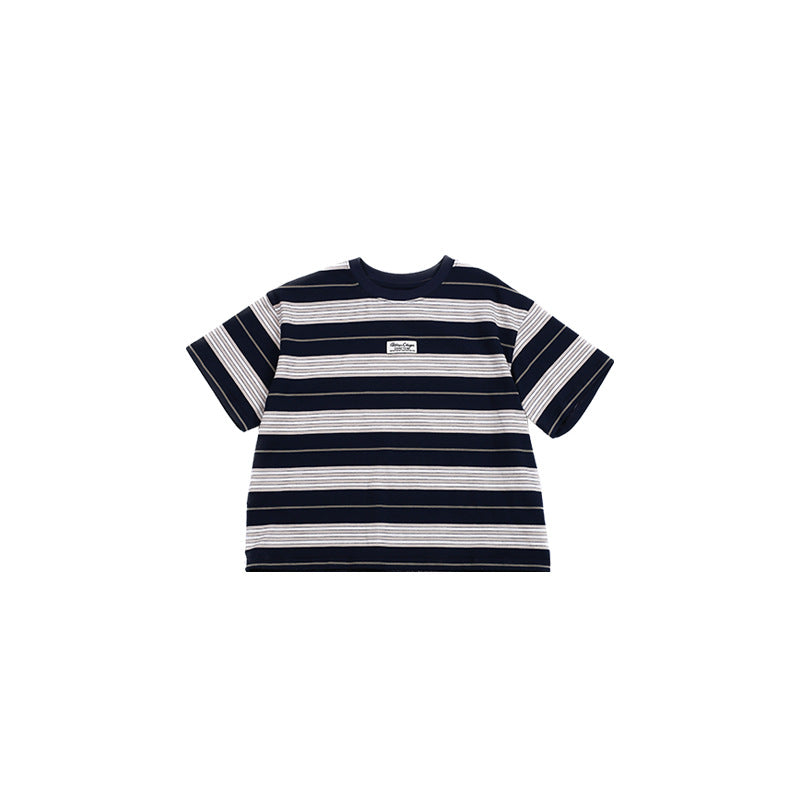 Elmo Beibei Children's Tops 2024 Summer Boys' Contrast Color Striped Label អាវយឺតដៃខ្លី Baby Comfortable Bottoming Shirt