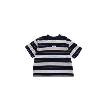 Amo Beibei children's tops 2024 summer boys contrast color striped label short-sleeved T-shirt baby comfortable bottoming shirt