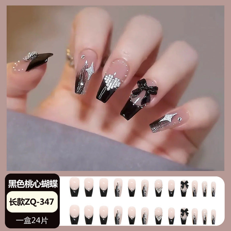 Wearable nail wholesale Xiaohongshu hot-selling nail art nail tips medium and long glitter black bow detachable nail stickers