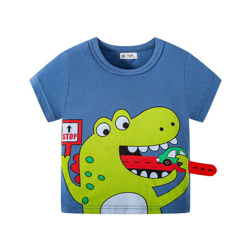 2024 summer new dinosaur children's clothing children's short-sleeved T-shirt pure cotton boy baby stylish top t one piece delivery