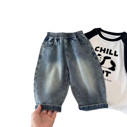 Children's jeans 2024 summer new boys cartoon denim trendy cropped pants children's versatile casual shorts