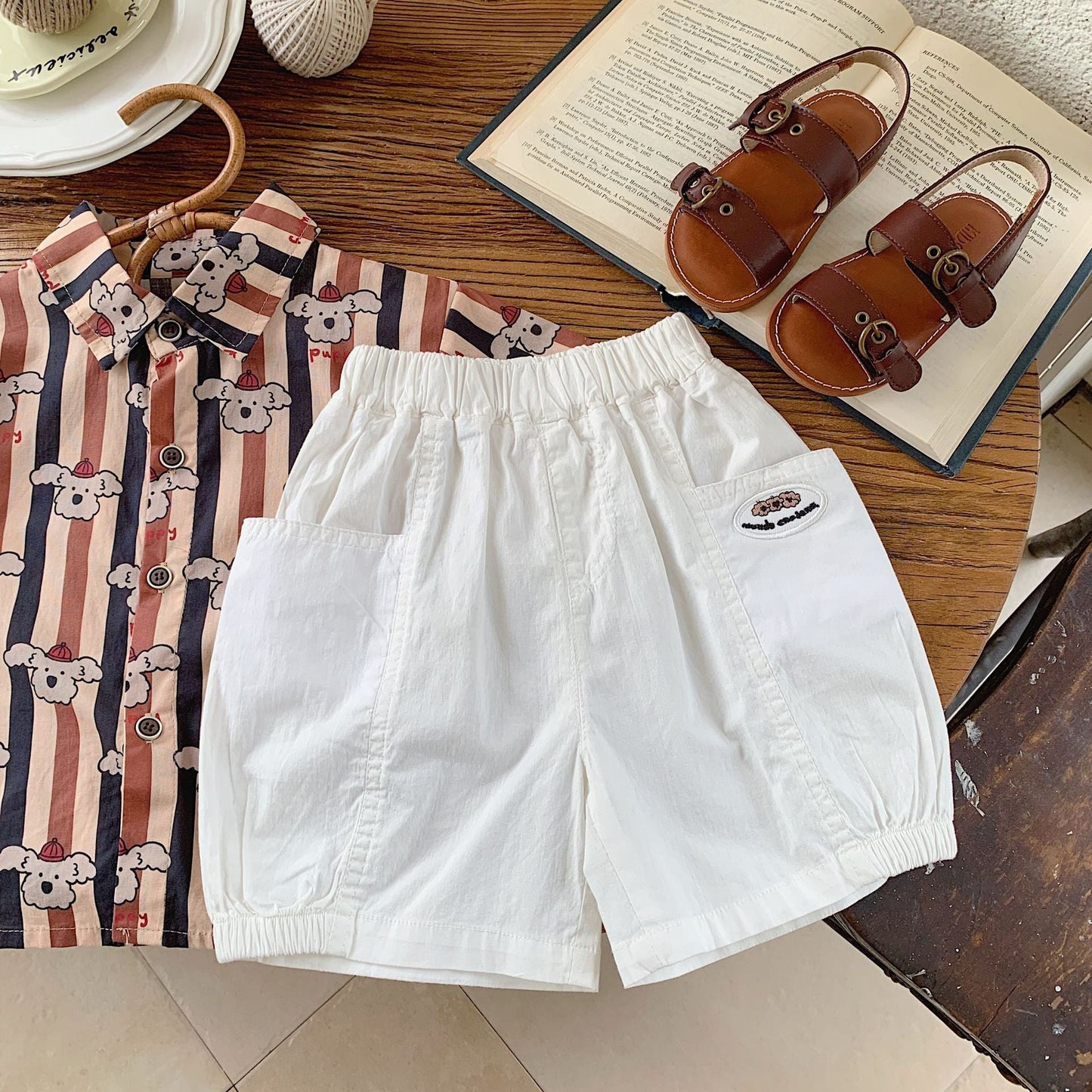 Children's suit Bangcheng 2024 summer children's clothing vertical striped puppy shirt + shorts new two-piece suit trendy G0076