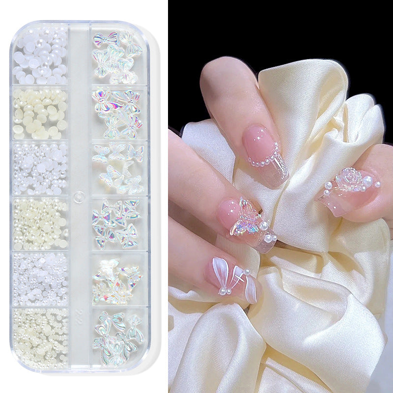 Nail art accessories aurora bow pearl rivet small accessories super flash small diamond 12 grid mixed nail decoration wholesale