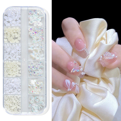 Nail art accessories aurora bow pearl rivet small accessories super flash small diamond 12 grid mixed nail decoration wholesale