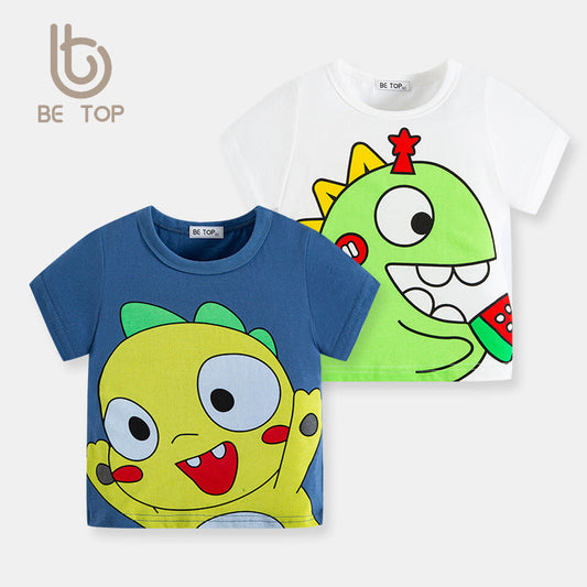 betop children's clothing 2023 summer children's short-sleeved cartoon dinosaur print boy foreign trade trendy brand T-shirt one piece delivery