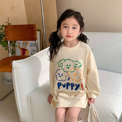 Korean children's clothing 2024 spring new style girls' cute puppy print T-shirt children's mid-length long-sleeved tops