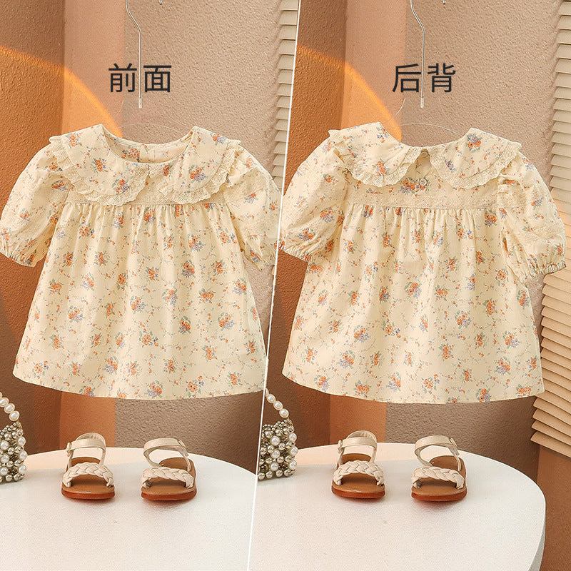 Girls Summer Short Sleeve Tops Cotton Shirt Button Cotton Floral Sweet Lace Korean Kindergarten Baby Shirt