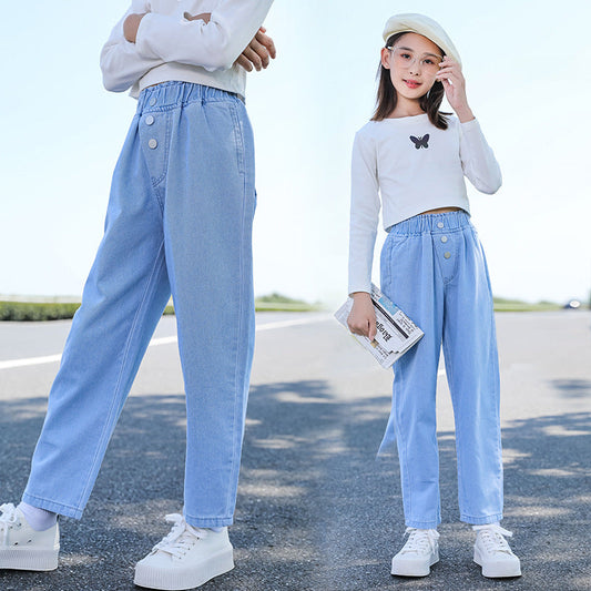 Girls jeans 2024 spring new casual harem pants fashion loose daddy pants stretch denim trousers trend