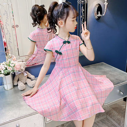 Girls short-sleeved cheongsam dress 2024 summer new Chinese style retro style dress Western style cotton plaid skirt