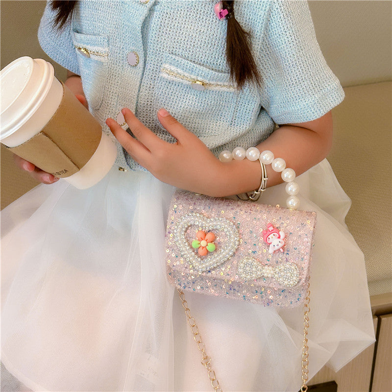 New style children's bag fashion pearl handbag cartoon cute small square bag trendy chain crossbody bag girls shoulder bag