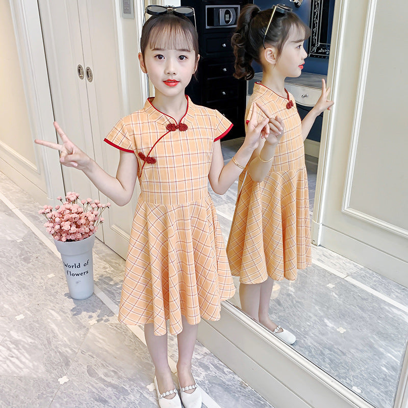 Girls short-sleeved cheongsam dress 2024 summer new Chinese style retro style dress Western style cotton plaid skirt