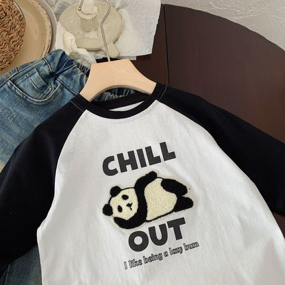 Children's T-shirt Bangcheng 2024 Spring Children's Clothing Cartoon Print Boys and Girls Towel Embroidery Label Long Sleeve Top G0055