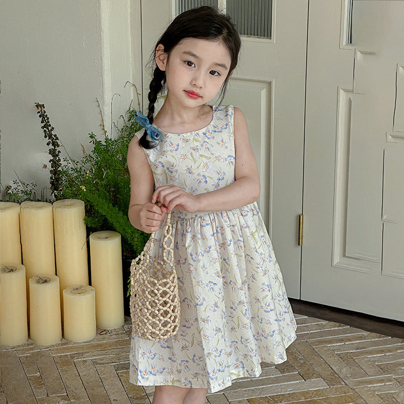 Children's summer cotton dress cotton floral skirt thin cool fat vest skirt pastoral style children's summer vacation travel