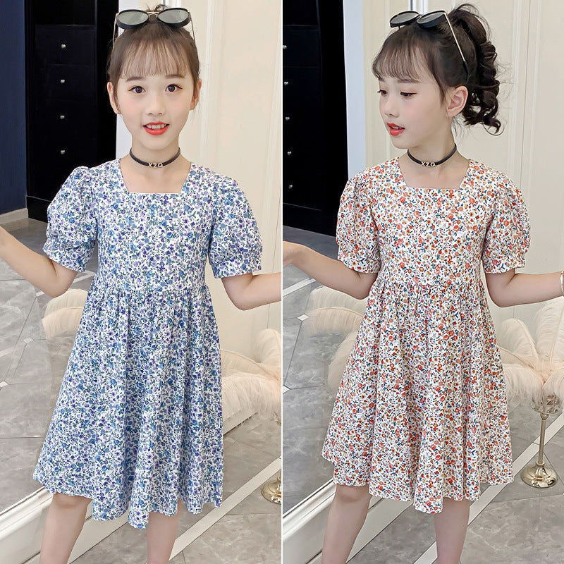 Summer children's pure cotton French palace puff sleeve dress short sleeve floral princess middle and large children slim trend