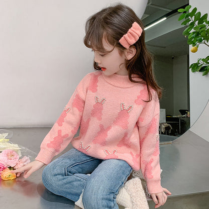 Girls winter sweater thickened little rabbit warm Korean cartoon net red stylish pullover sweater elastic medium and large children