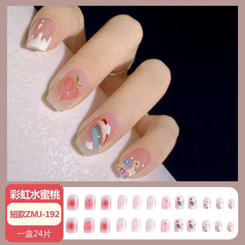 Wearable nail tips wholesale medium and long ice transparent oolong gradient peach nail art finished nail stickers false nails