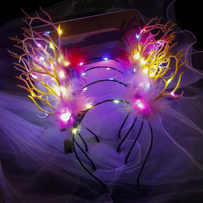 New Feather Big Antler Headband Christmas Luminous Feather Headband Forest Cute Festival Headwear Hairpins Floor-Stall Approval