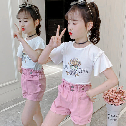 Girls short-sleeved T-shirt 2024 summer new style children's cartoon trumpet sleeve top little girl round neck T-shirt