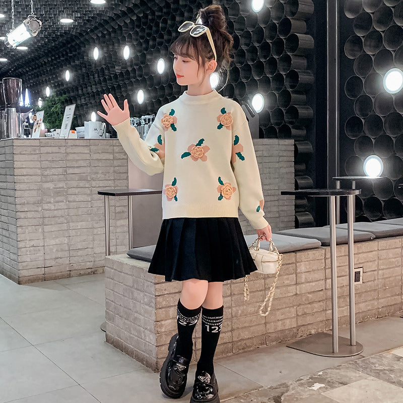 2024 Autumn and Winter Girls Flower Sweater Pullover Bottoming Shirt Outer Wear Sweater Korean Style Knitted Sweater Middle and Large Children Students