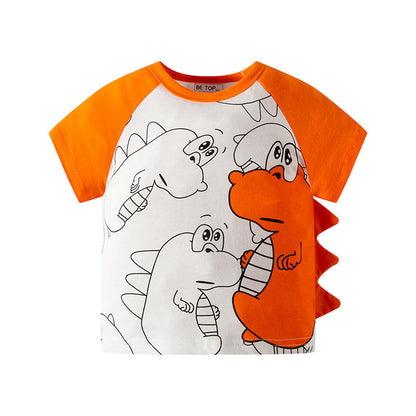 Korean version of the new children's short-sleeved cartoon color matching sleeves boy T-shirt horn sleeves pure cotton baby cartoon children's clothing batch