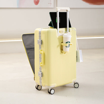 Suitcase with USB interface, front opening trolley case for women, men's fashion cup holder, password suitcase 20 cabin case 