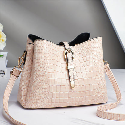 2024 New Style Bright Leather Stone Texture Simple and One-Shoulder Portable Cross-Border Large Capacity Bucket Bag for Women