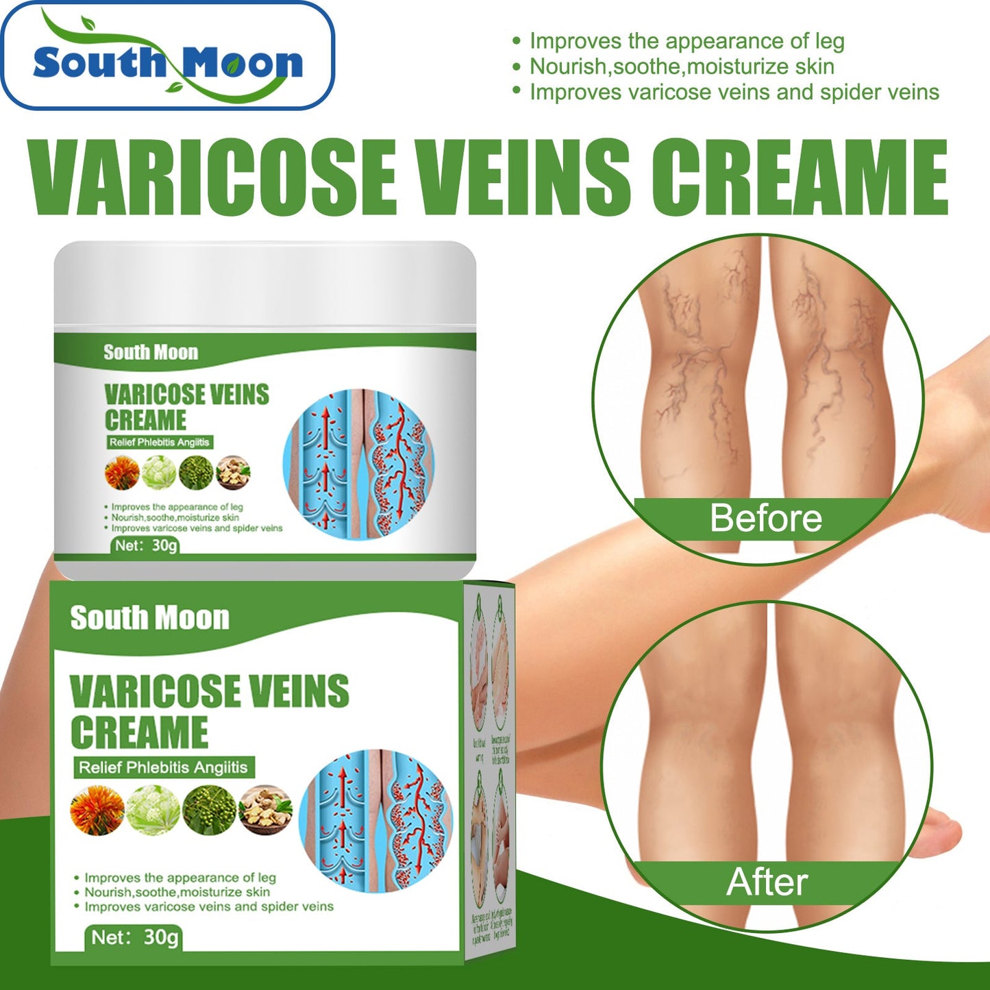 South Moon Varicose Repair Cream Legs Earthworms Leg Veins Relief Pain Leg Care Massage Cream 