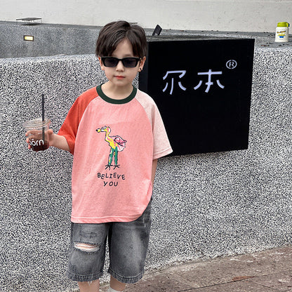 Amo Beibei 2024 summer children's fine cotton tops for boys and girls Korean version of color matching cartoon raglan short-sleeved T-shirt trend