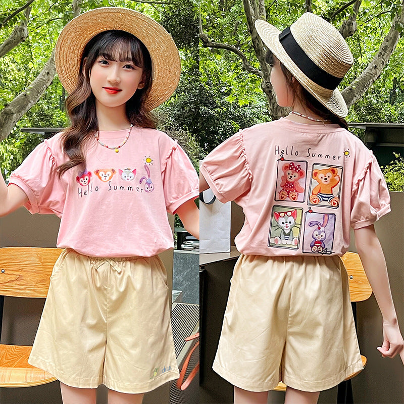 Girls summer short-sleeved T-shirt with cotton earrings and fragrant elastic for middle and large children, primary and junior high school students, fat cartoon trend