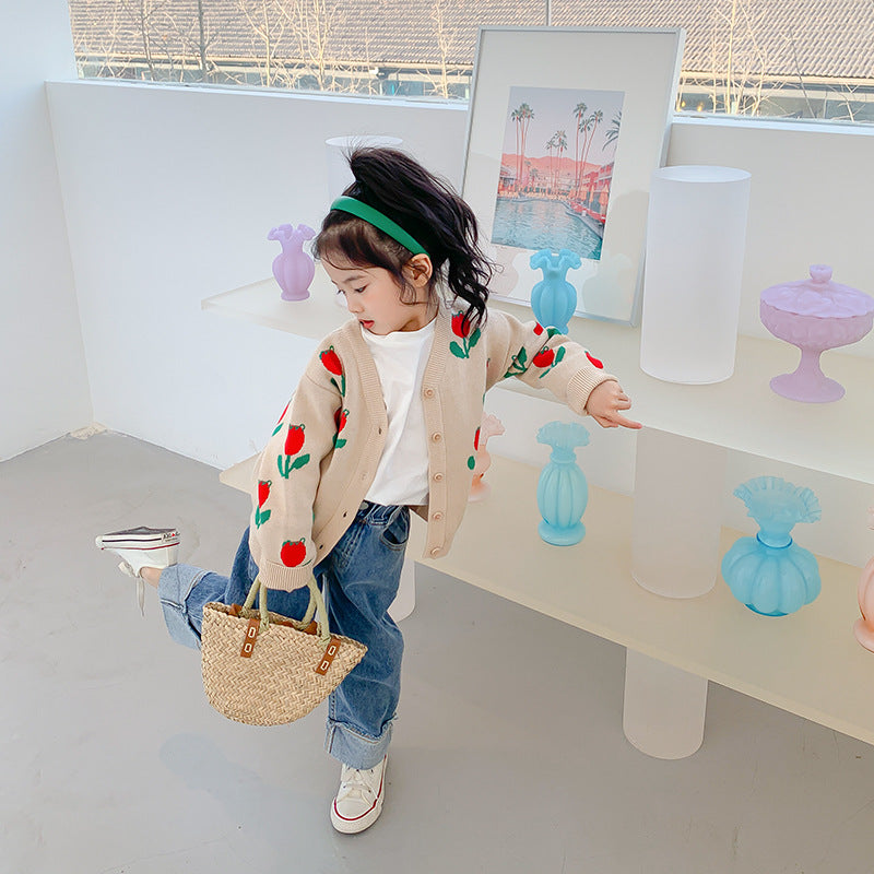 2022 Spring and Summer Korean New Children's Clothing Children's Sweater Cardigan Girls Jacquard Flower Knitted Sweater Children's Coat Trend