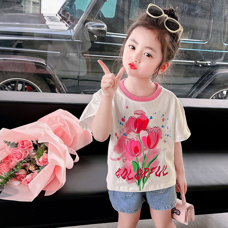 Girls summer short-sleeved tops cotton T-shirt with printed contrasting colors loose elastic fat tulip kindergarten elementary school trendy