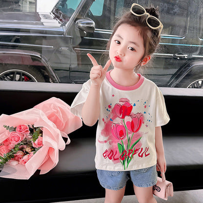 Girls summer short-sleeved tops cotton T-shirt with printed contrasting colors loose elastic fat tulip kindergarten elementary school trendy