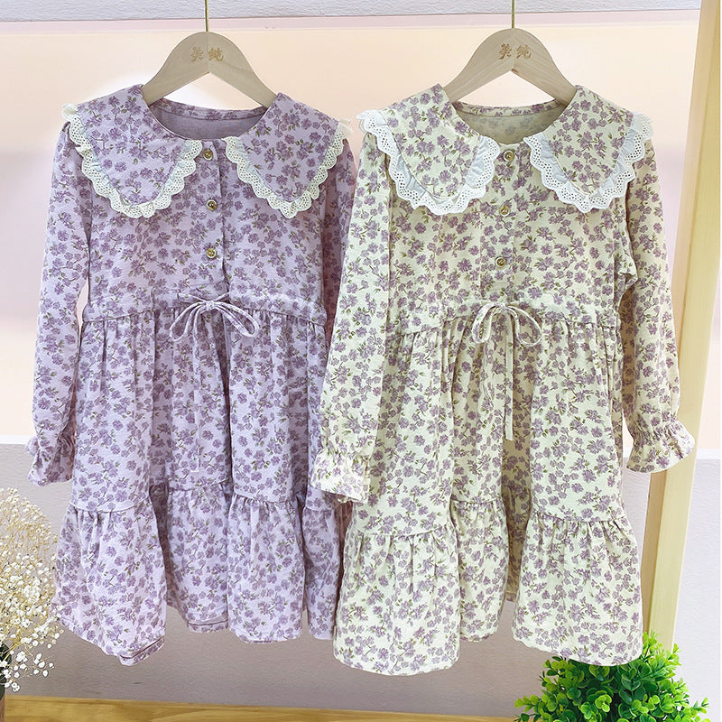 Girls winter spring and autumn 2024 new thickened dress floral brushed cotton doll collar waist princess dress trend