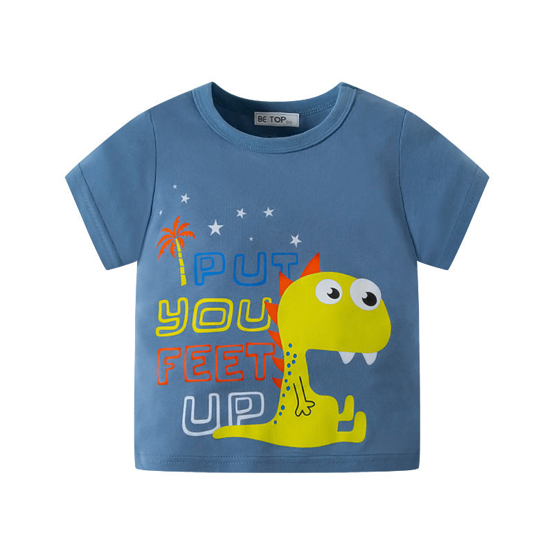 2024 new children's half-sleeved cartoon dinosaur pure cotton boy short-sleeved T-shirt baby children's clothing wholesale one piece