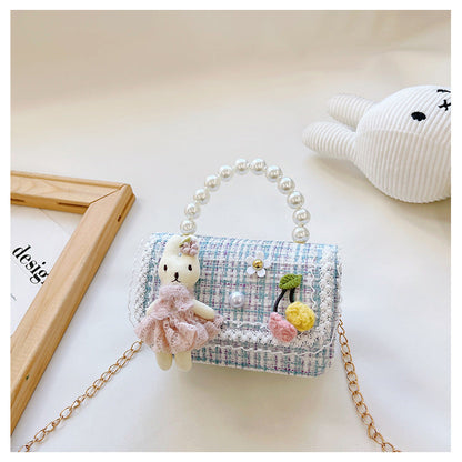 Children's pearl handbag 2024 new cotton and linen small square bag fashionable and cute girls decorative bag messenger bag 