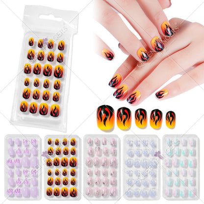 Zhifei nail art children's finished nail pieces 24 pieces flame cartoon bagged wearable finished nail art children's patches