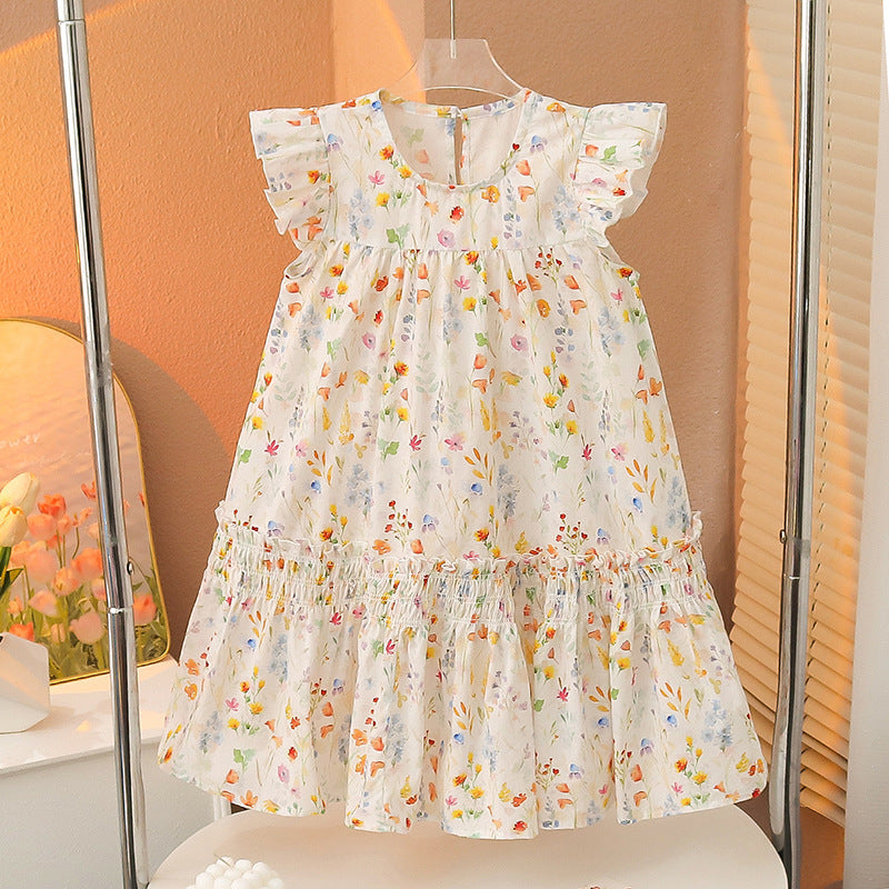 Girls summer dress pure cotton floral pure cotton long dress vest dress flying sleeves Korean style forest series beach vacation