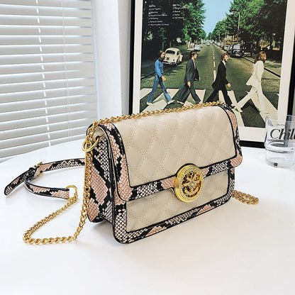 Small high-end white snake pattern stitching fashion simple chain shoulder bag women's bag diamond embroidery crossbody small square bag 