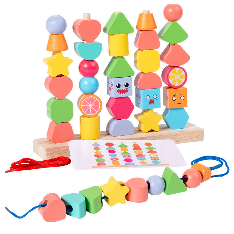 Children's early childhood education wooden desktop geometric shape set column bead stacking rope color matching educational toys