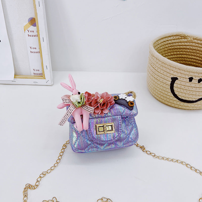 Korean fashion small square bag cartoon bunny pendant girl accessories bag shiny small square bag crossbody children's bag