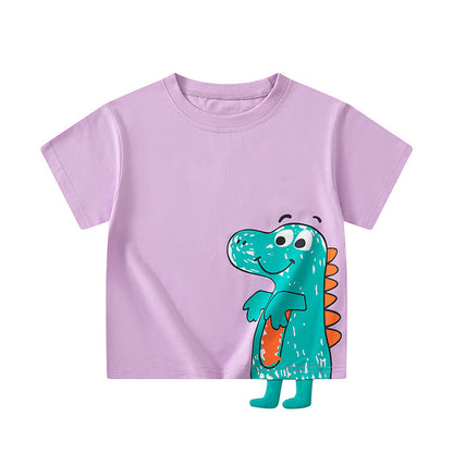 Children's cartoon three-dimensional dinosaur short-sleeved T-shirt pure cotton summer new boys half-sleeved top round neck vibrato supply