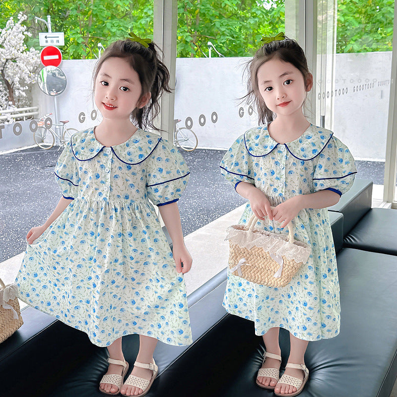 Girls summer cotton dress floral dress cotton princess dress puff sleeve blue middle and large children's pastoral style long dress