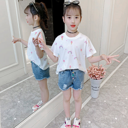 Girls short-sleeved T-shirt 2024 new summer children's casual printed T-shirt for middle and large children cotton cartoon round neck top