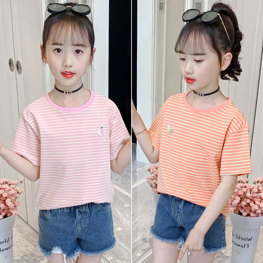 Girls short-sleeved T-shirt 2024 summer new striped embroidery cartoon fruit T-shirt stylish cotton stretch top