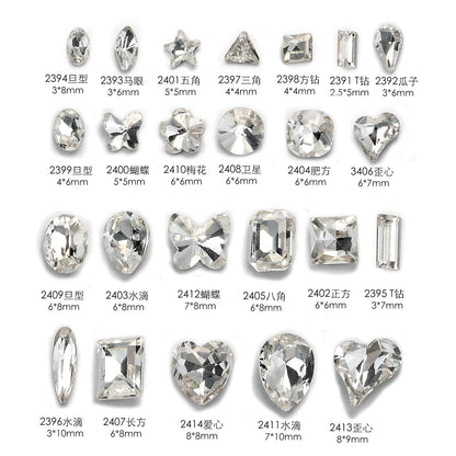 Nail Art K9 Jewelry Transparent Diamond Super Flash Crooked Heart Axe Diamond Water Drop Fat Square Butterfly White Diamond Nail Accessories Wholesale