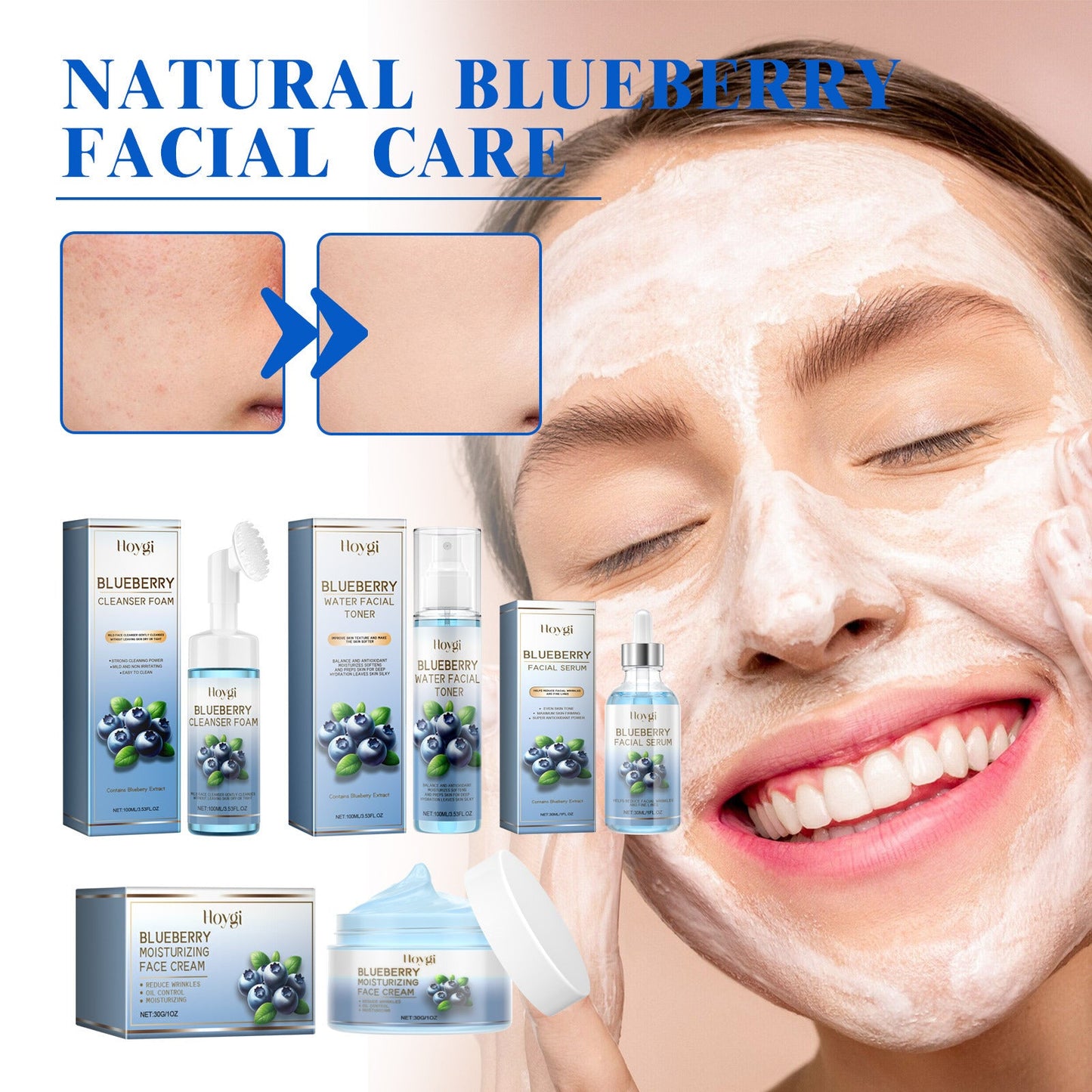 HOYGI Blueberry Facial Care Facial Skin Deep Cleansing Anti-Wrinkle Skin Care Essence Skin Beauty Brightening Cream 